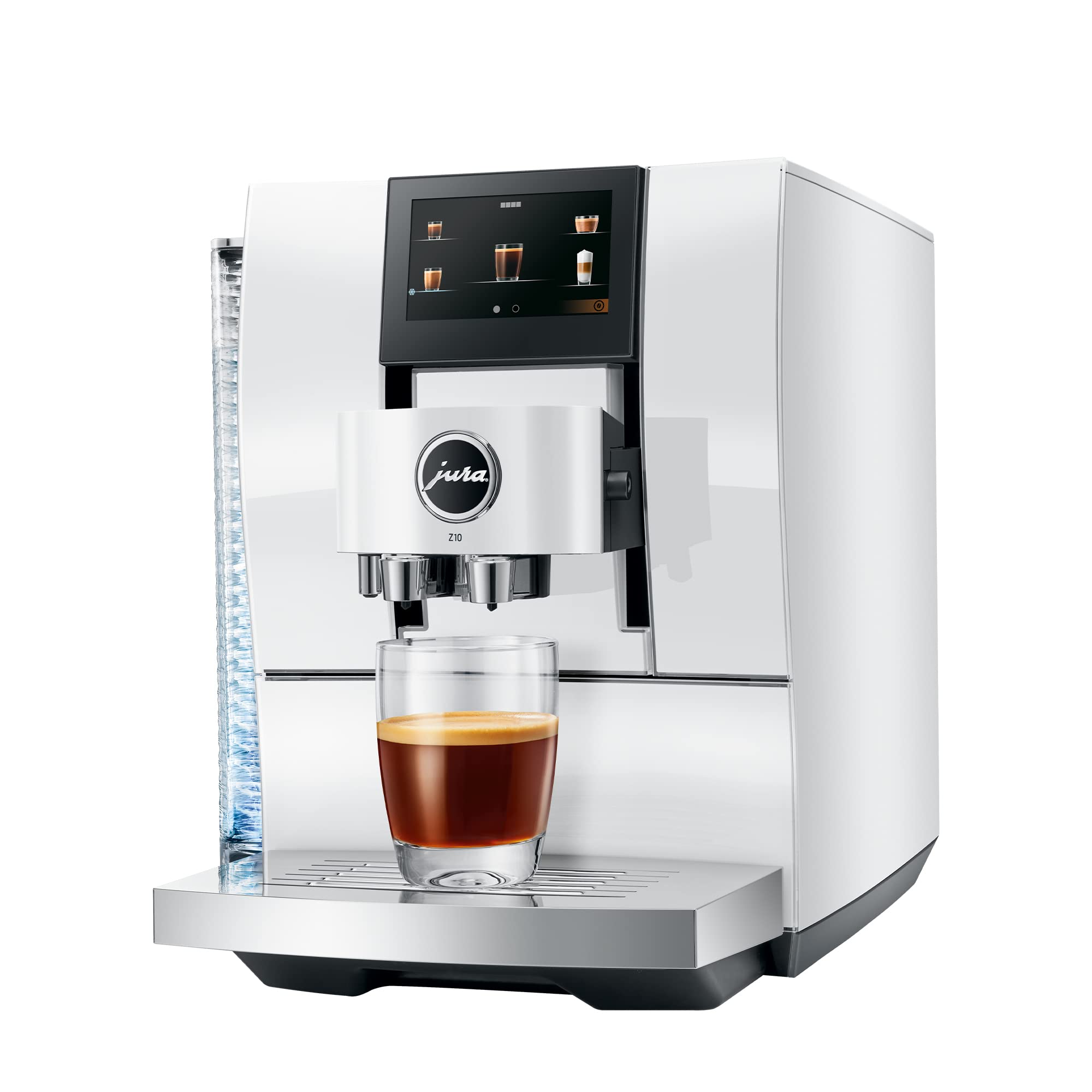 Diamond White Jura espresso machine with a creamy coffee in glass cup on stand displayed on a white background