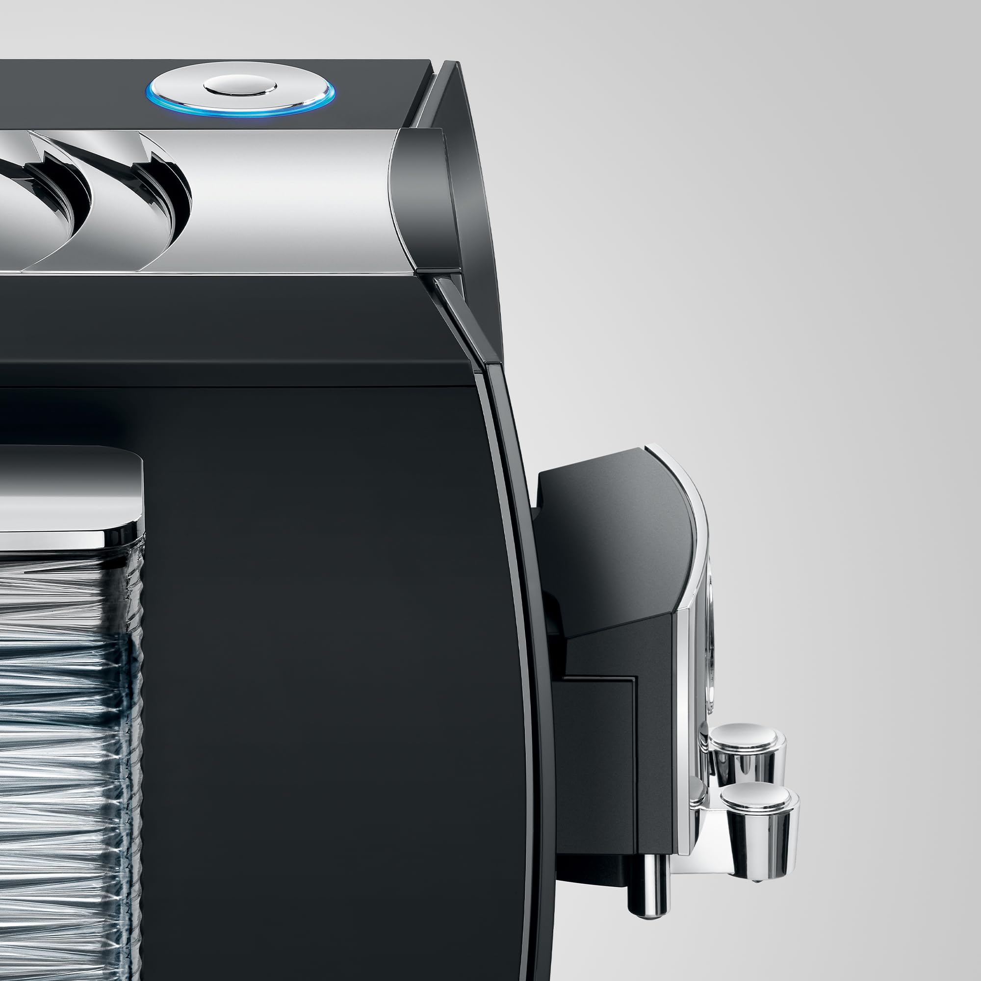 Side view of Diamond Black Jura espresso machine displayed on a white background