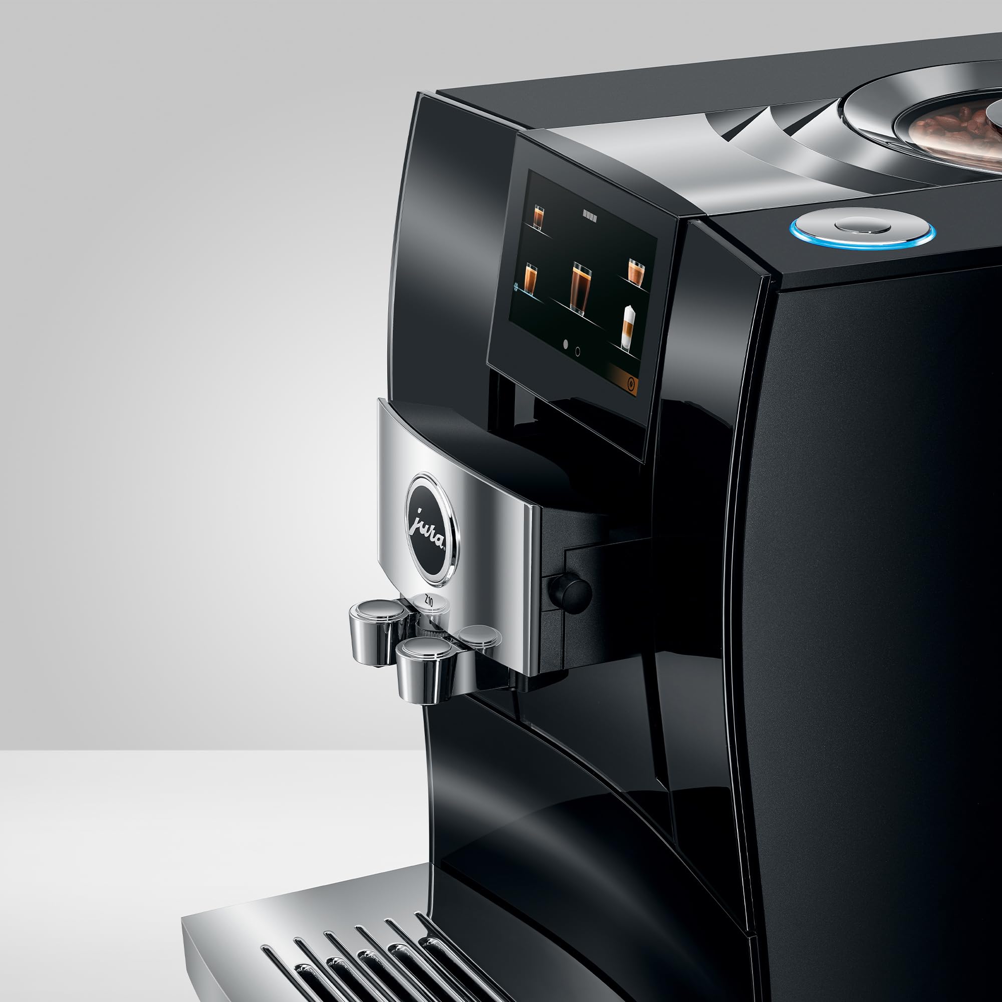 Side view of Diamond Black Jura espresso machine with a touchscreen panel displayed on a white background