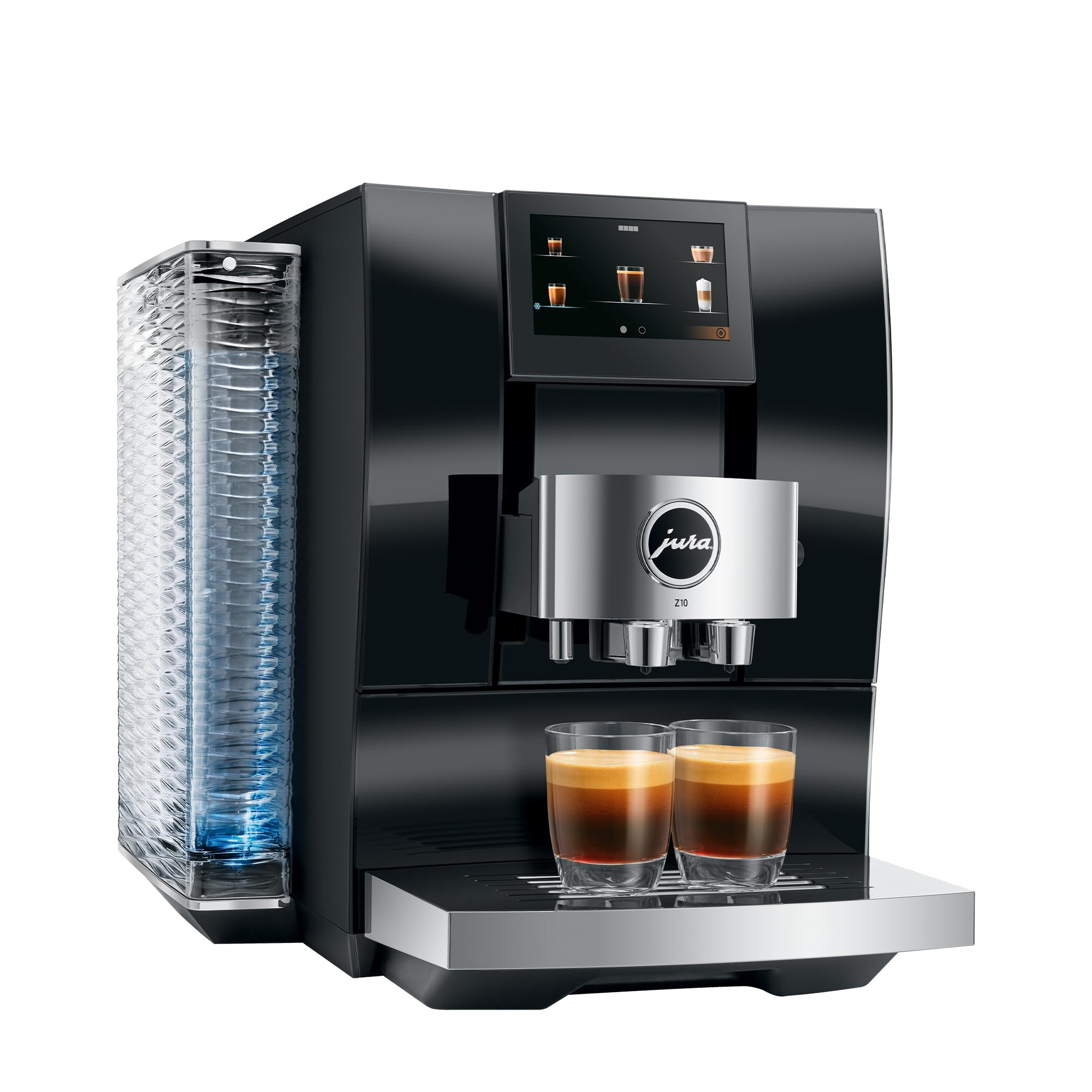 Diamond Black Jura espresso machine with two creamy coffee in glass cup on stand displayed on a white background