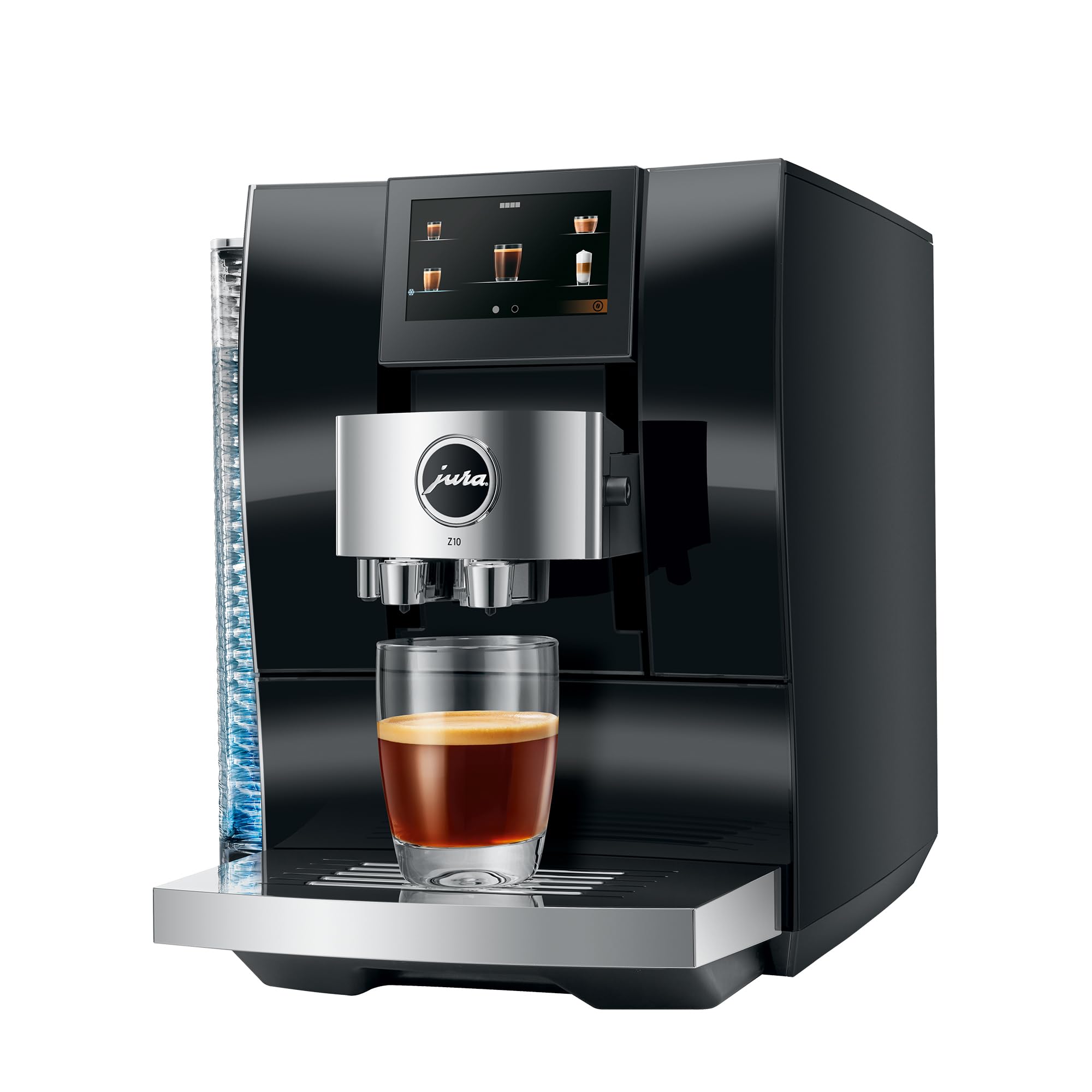 Diamond Black Jura espresso machine with a creamy coffee in glass cup on stand displayed on a white background