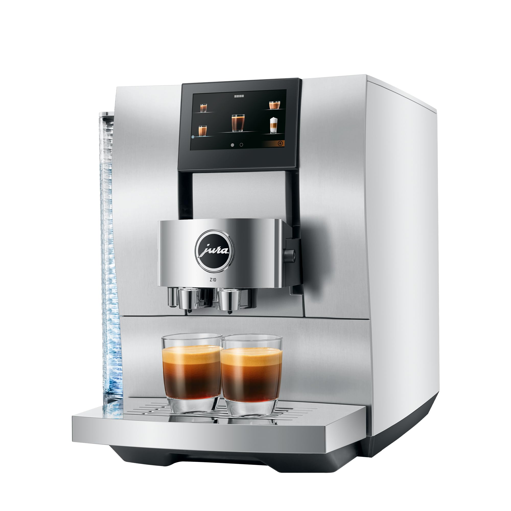 Aluminum White Jura espresso machine with two creamy coffees in glass cups on stand displayed on a white background
