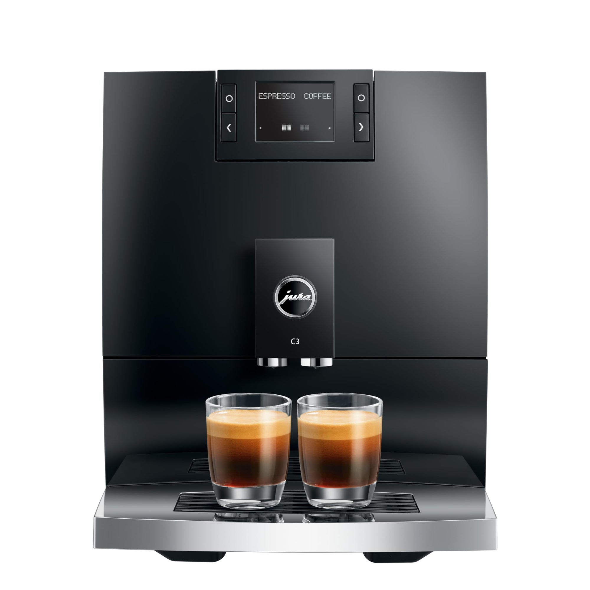 Black coffee machine with two glasses of coffee on a white background