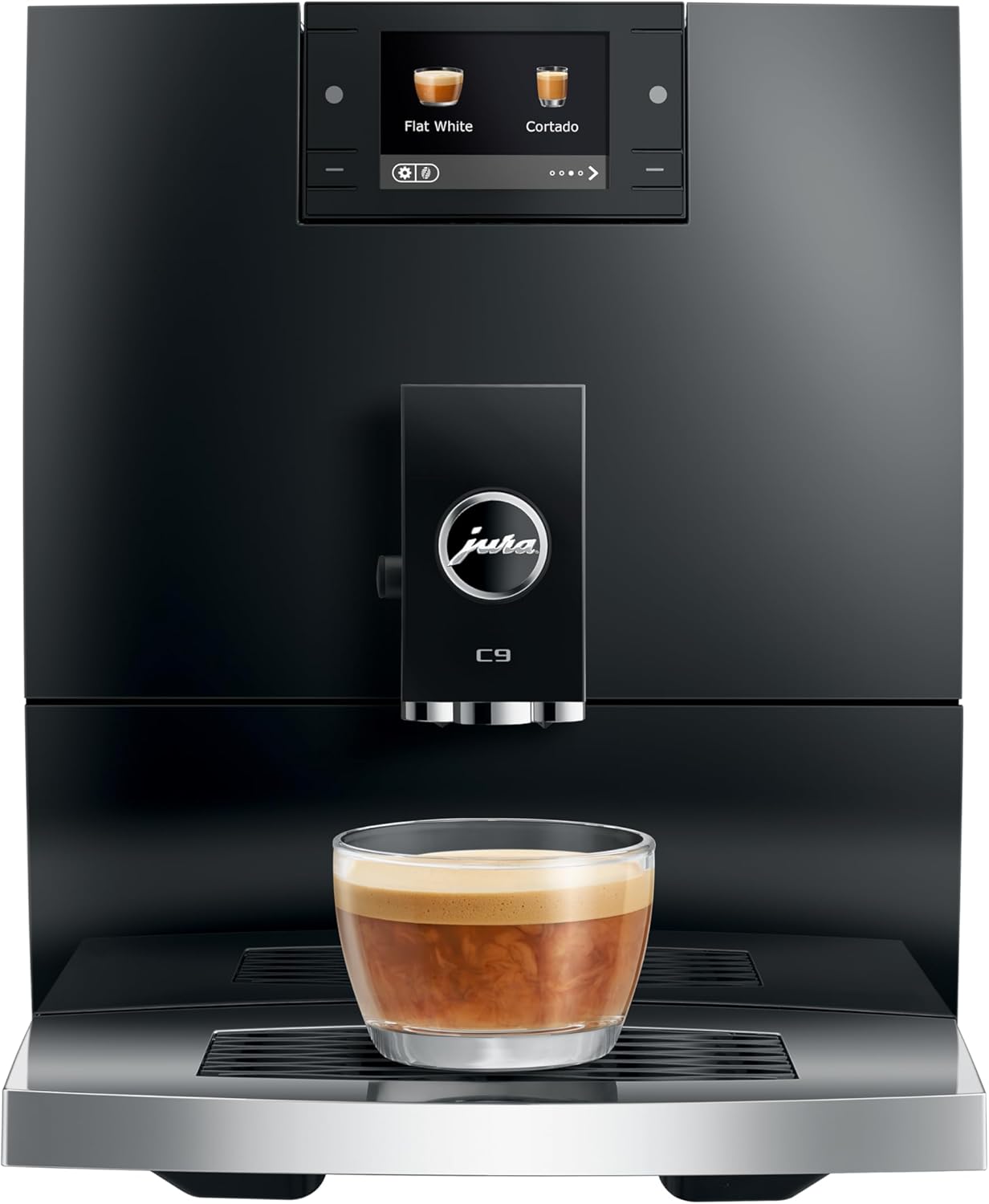 Black coffee machine with a glass of coffee in front on a white background