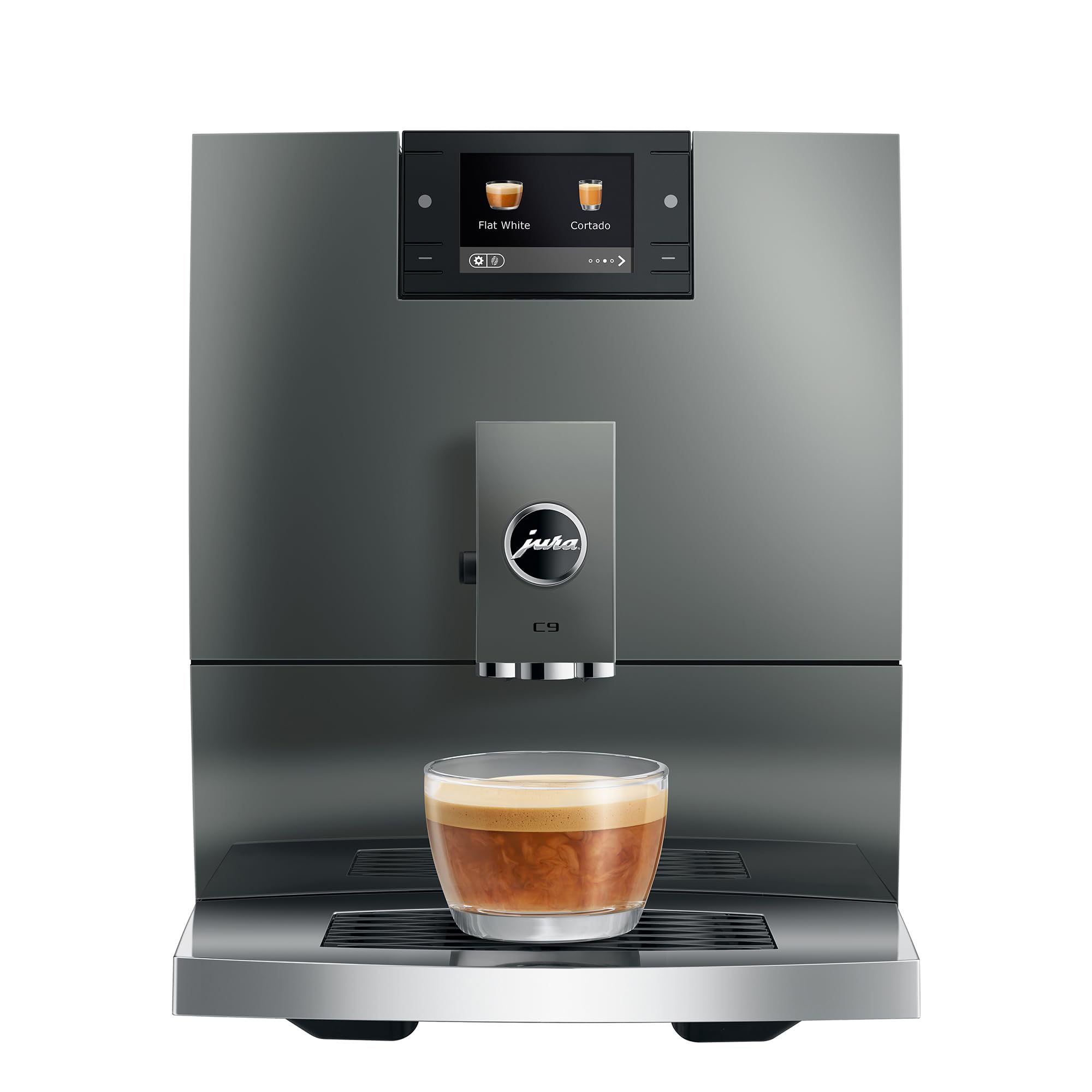Modern coffee machine with a glass of coffee on a white background