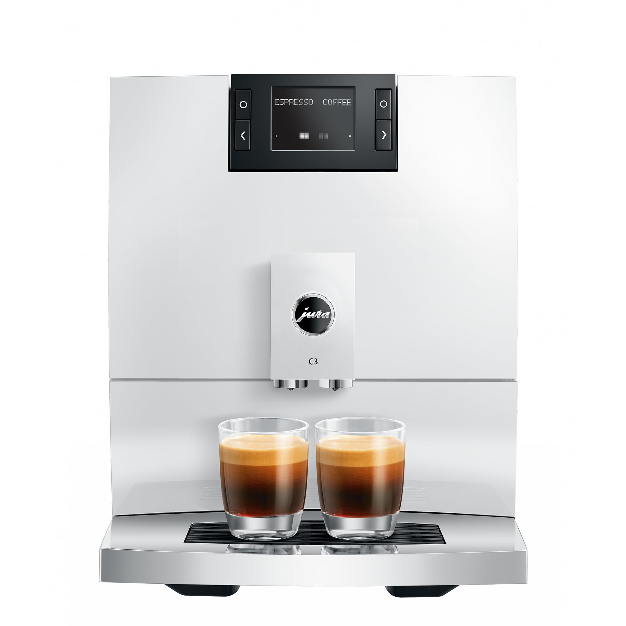 White coffee machine with two glasses of coffee on a white background