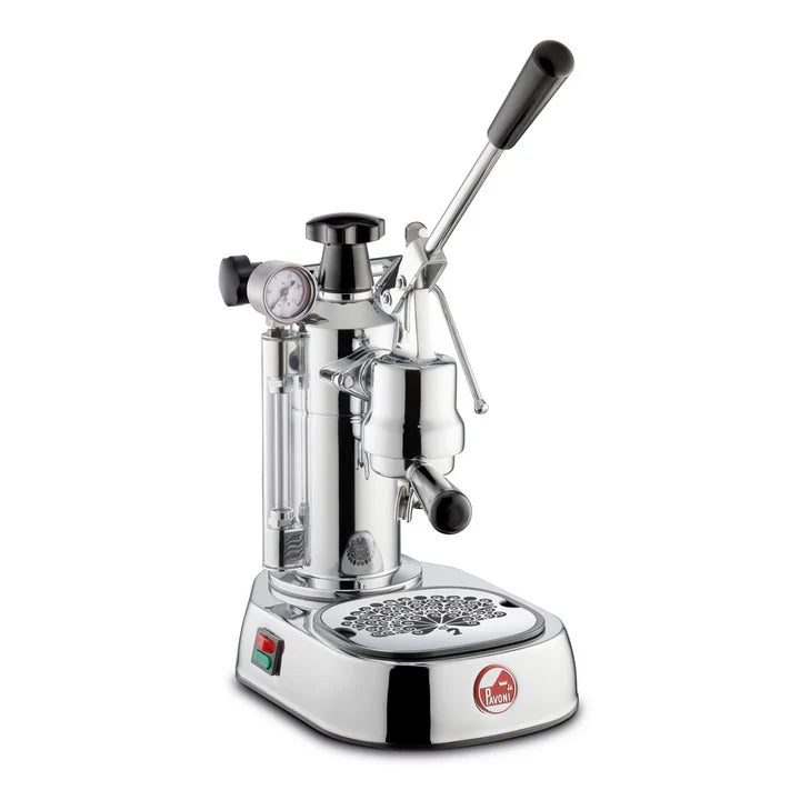 Chrome manual espresso machine with a black handle on a white background