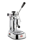 Chrome manual espresso machine with a black handle on a white background