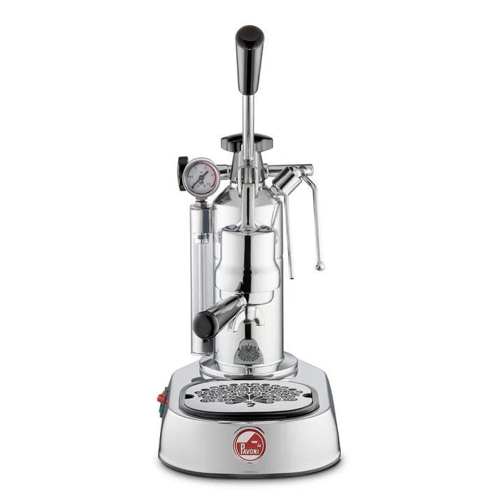 Front view of Chrome manual espresso machine with a white background
