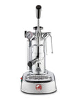 Front view of Chrome manual espresso machine with a white background
