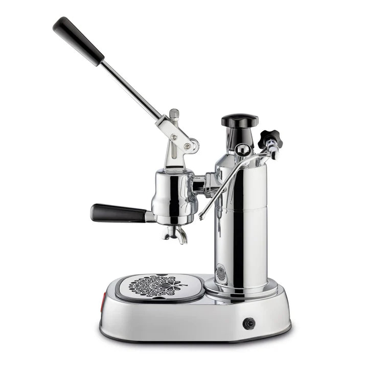 Side view of Chrome manual espresso machine on a white background