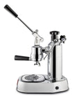 Side view of Chrome manual espresso machine on a white background