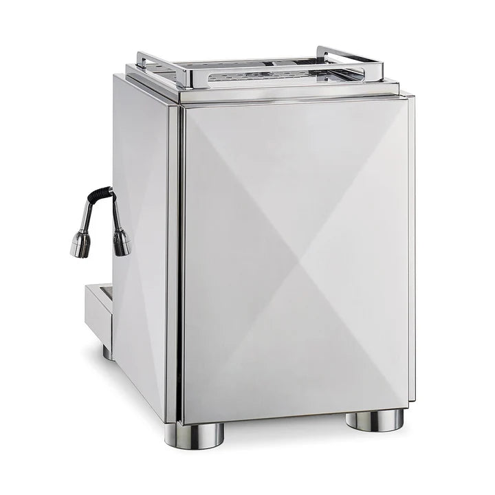 Back view of stainless steel coffee machine on a white background