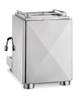 Back view of stainless steel coffee machine on a white background