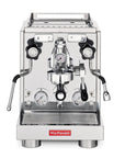 Front view of a professional La Pavoni espresso machine in polished stainless steel with black accents, featuring two side handles, pressure gauges, a central pump assembly, and a red brand badge on the front base.