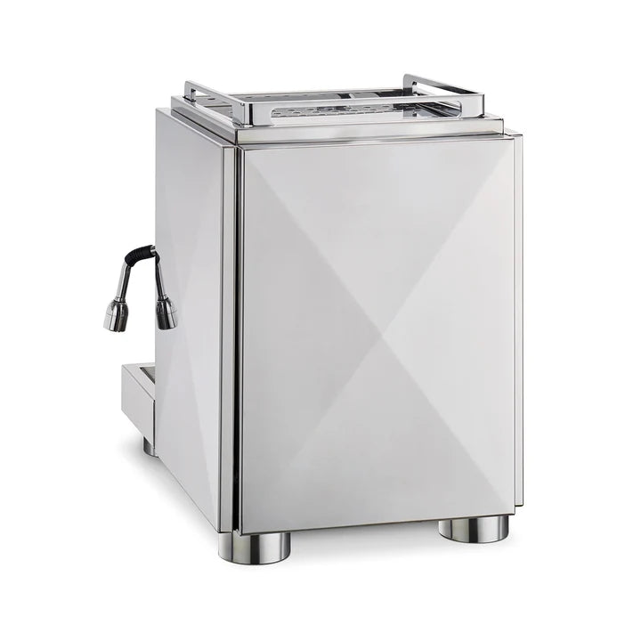 Back view of a stainless steel espresso machine with a polished metallic finish, featuring a side-mounted steam wand and a top-mounted portafilter rest, shown on a plain white background.