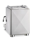 Back view of a stainless steel espresso machine with a polished metallic finish, featuring a side-mounted steam wand and a top-mounted portafilter rest, shown on a plain white background.
