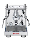 Front view of a professional espresso machine by la Pavoni, featuring a polished stainless steel body, two analog pressure gauges, a central portafilter holder, and a red brand logo plate on the front.