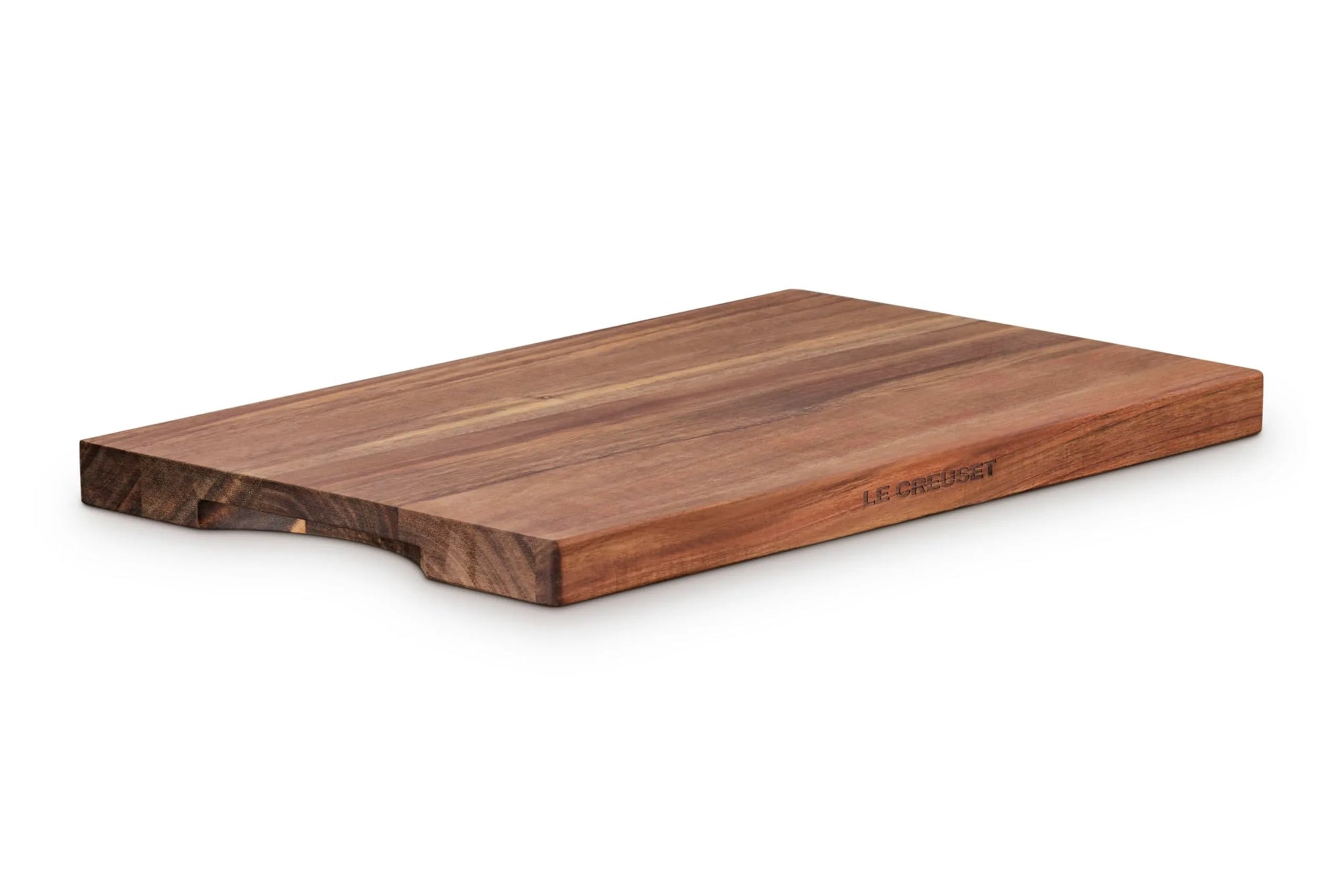 A rectangular wooden cutting board with a dark brown finish and a curved handle cut on one end, shown on a plain white background.
