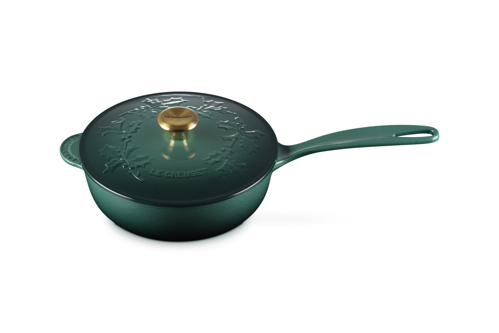 Green saucier with leaf decoration on lid with gold knob and handle