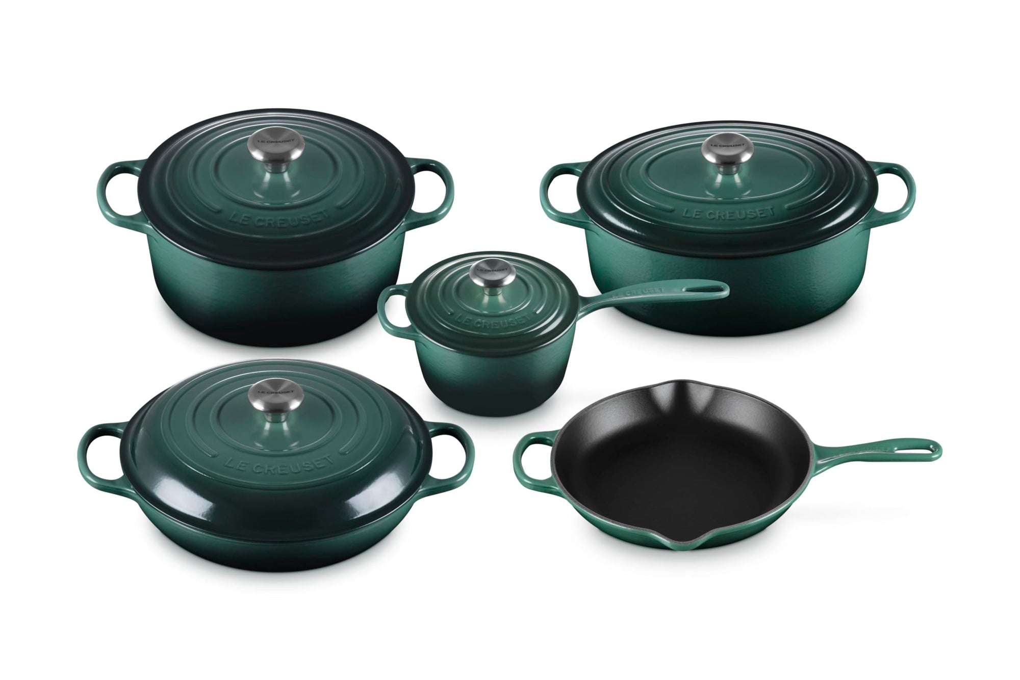 Set of 5 artichaut cookware with lids  on a white background