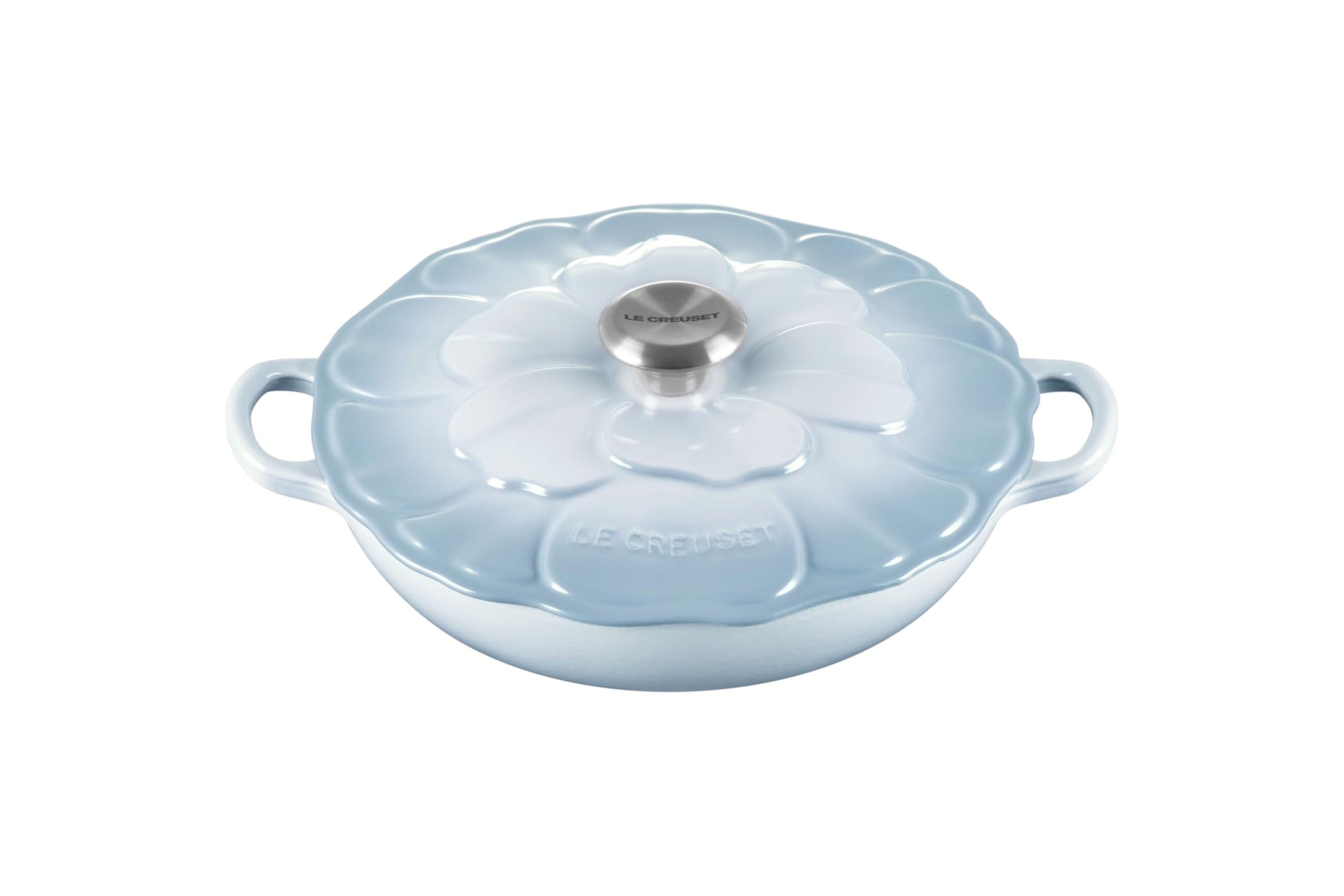Light blue cast iron cookware with lid on a white background