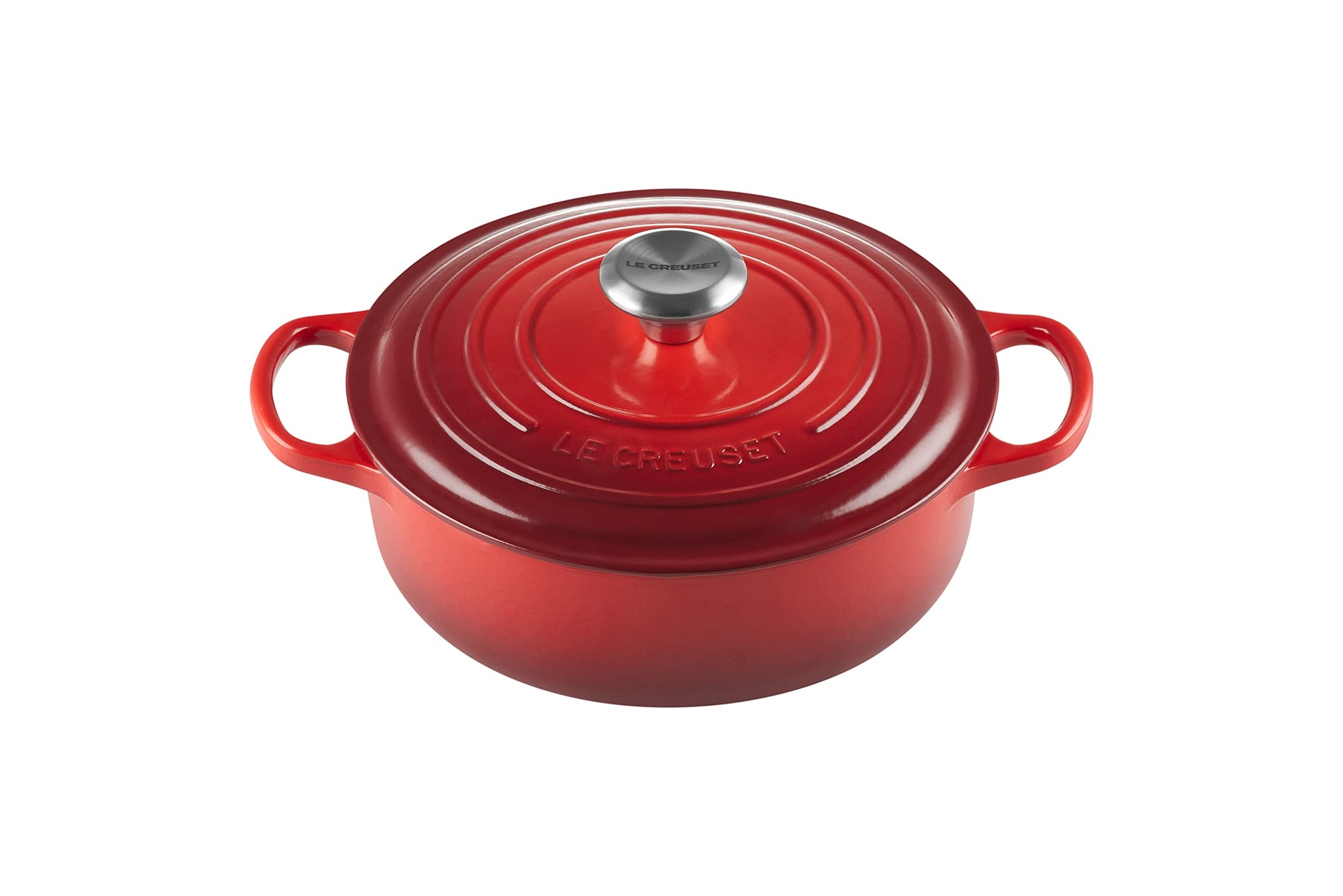 3.5 qt cerise Le Creuset Signature Round Wide Dutch Oven with a lid displayed on a white background