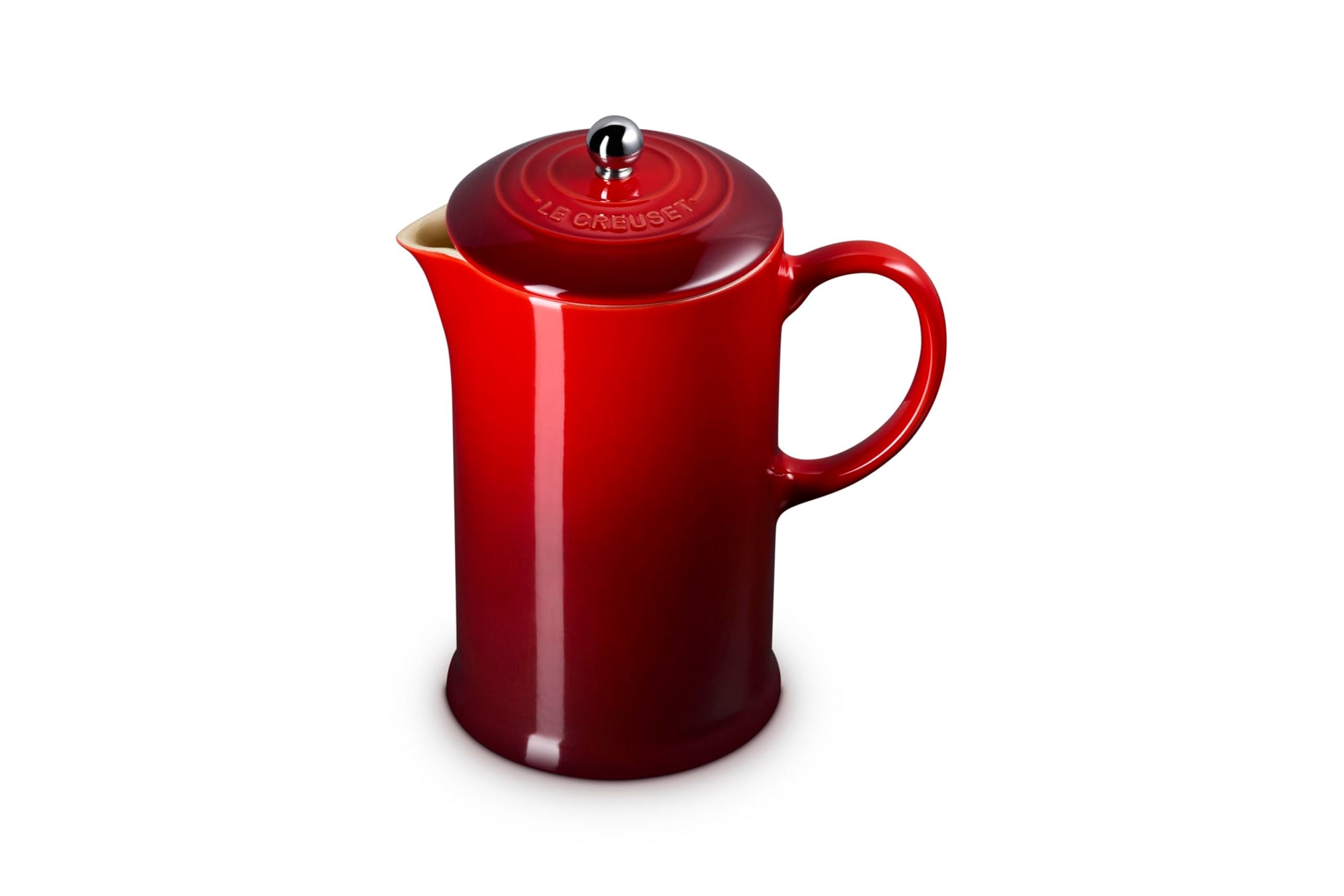 Cerise Le Creuset Stoneware French Press, 34 oz. displayed on a white background