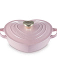 Chiffon pink heart shaped 1.25 qt cocotte with handles and a light gold heart knob displayed on a white background