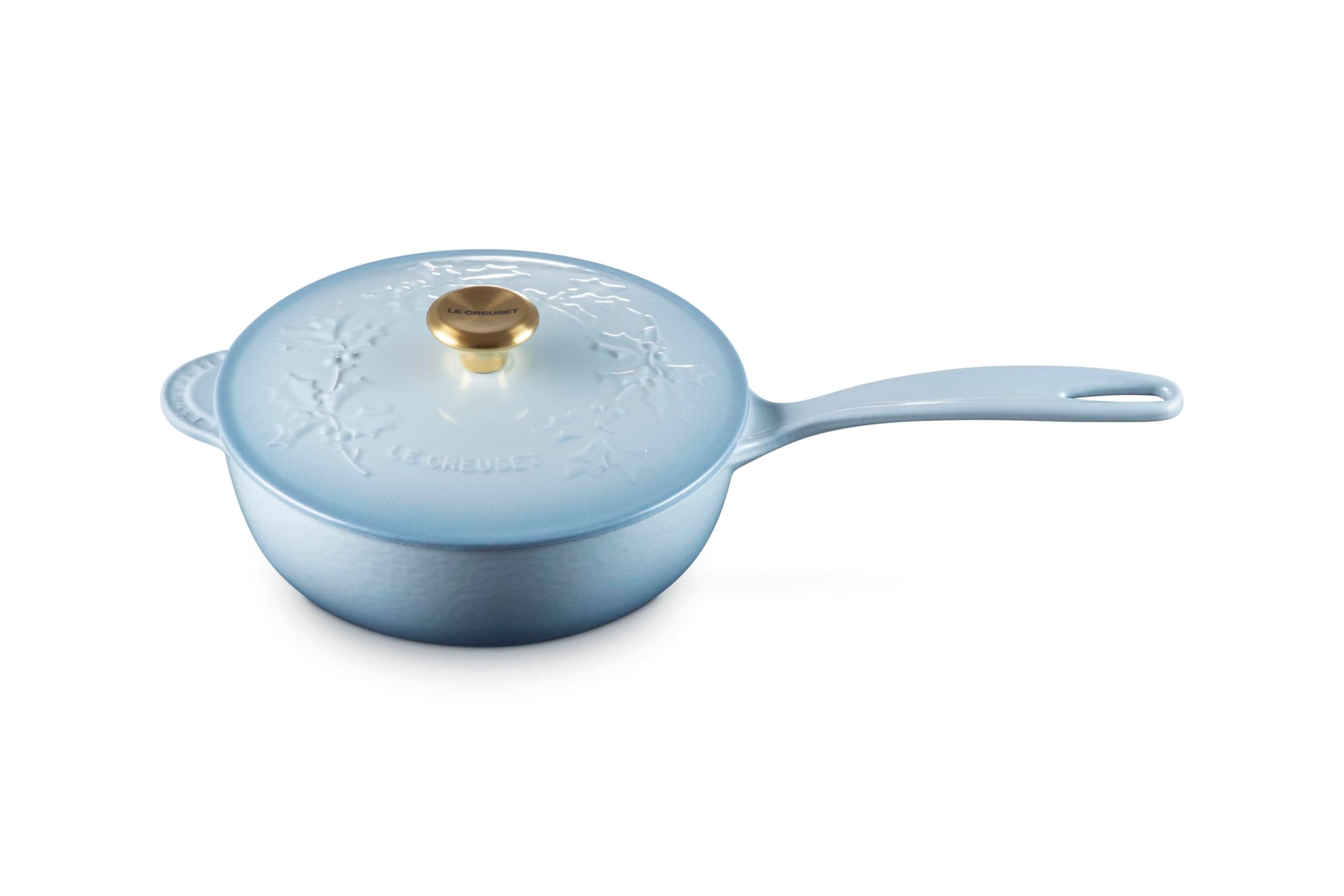 Coastal blue saucier with leaf decoration on lid with gold knob and handle