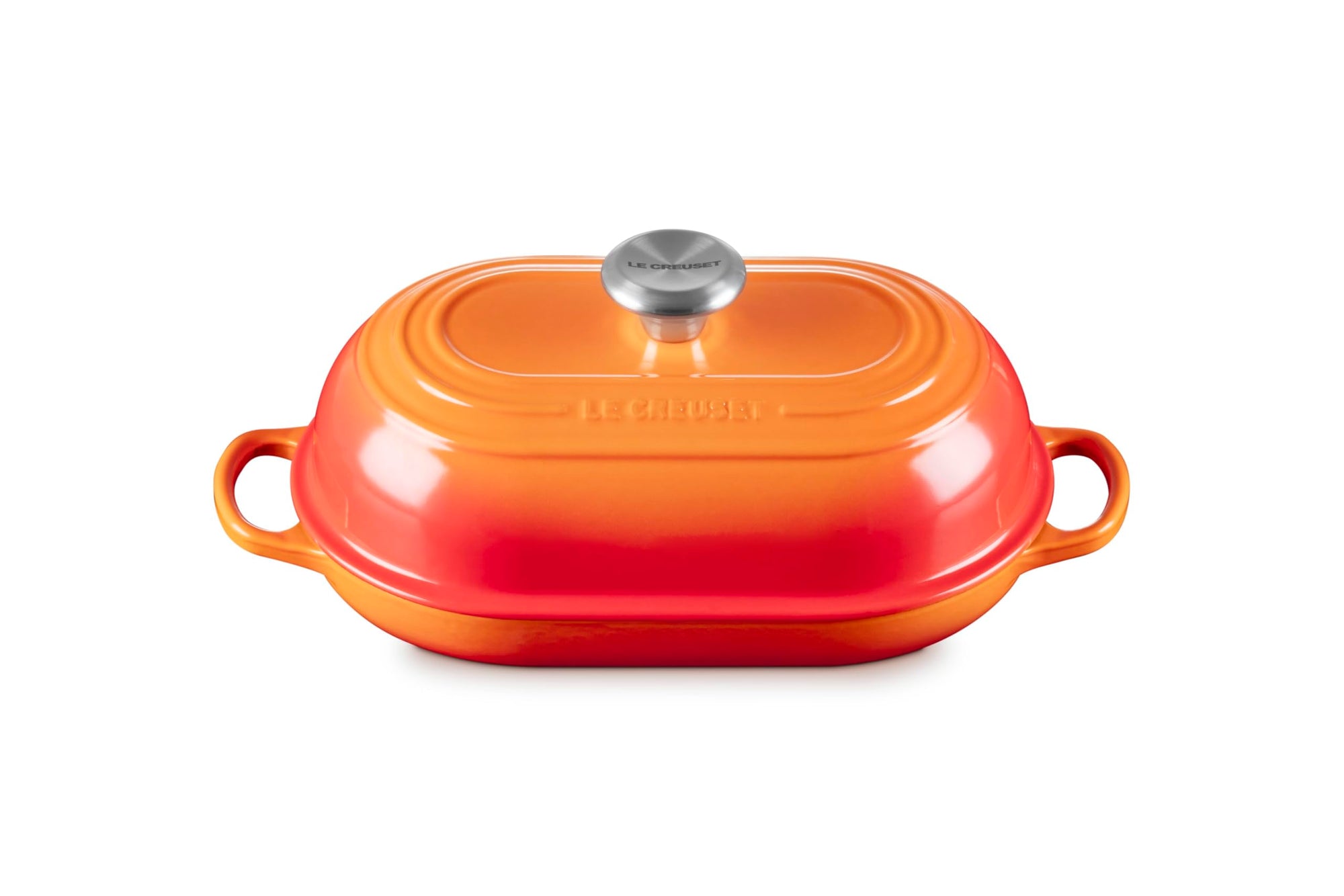Flame bread oven pan with lid and handles displayed on a white background