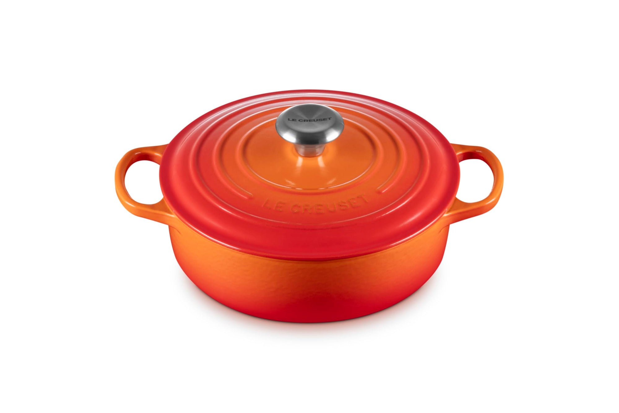 3.5 qt flame Le Creuset Signature Round Wide Dutch Oven with a lid displayed on a white background