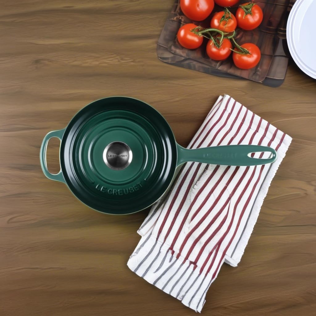 Green Le Creuset saucepan on a wooden surface with a striped towel and tomatoes in the background