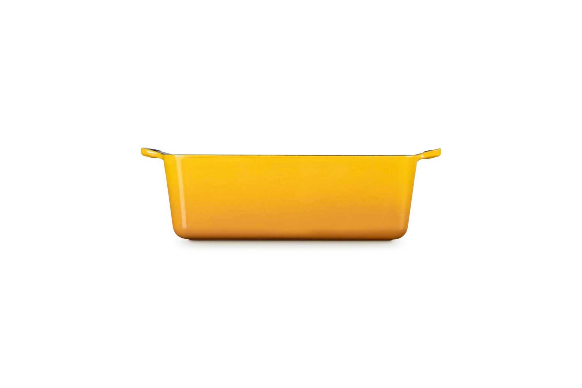 A rectangular yellow baking dish with side handles, shown from a front-facing perspective on a solid white background.