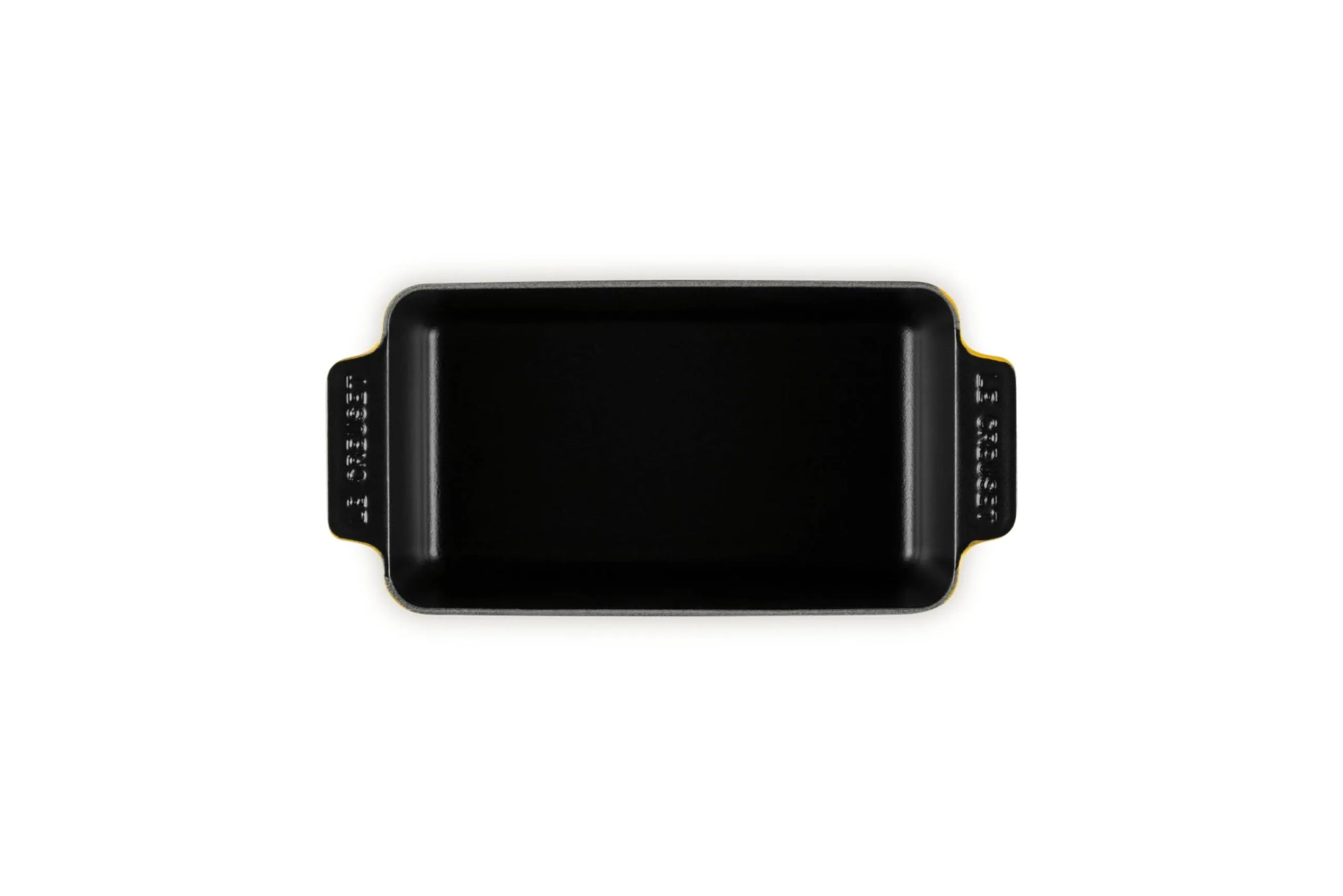 A black rectangular ceramic baking pan with side handles, featuring white printed measurement markings on the handles and a subtle gold accent along the rim, shown on a plain white background.