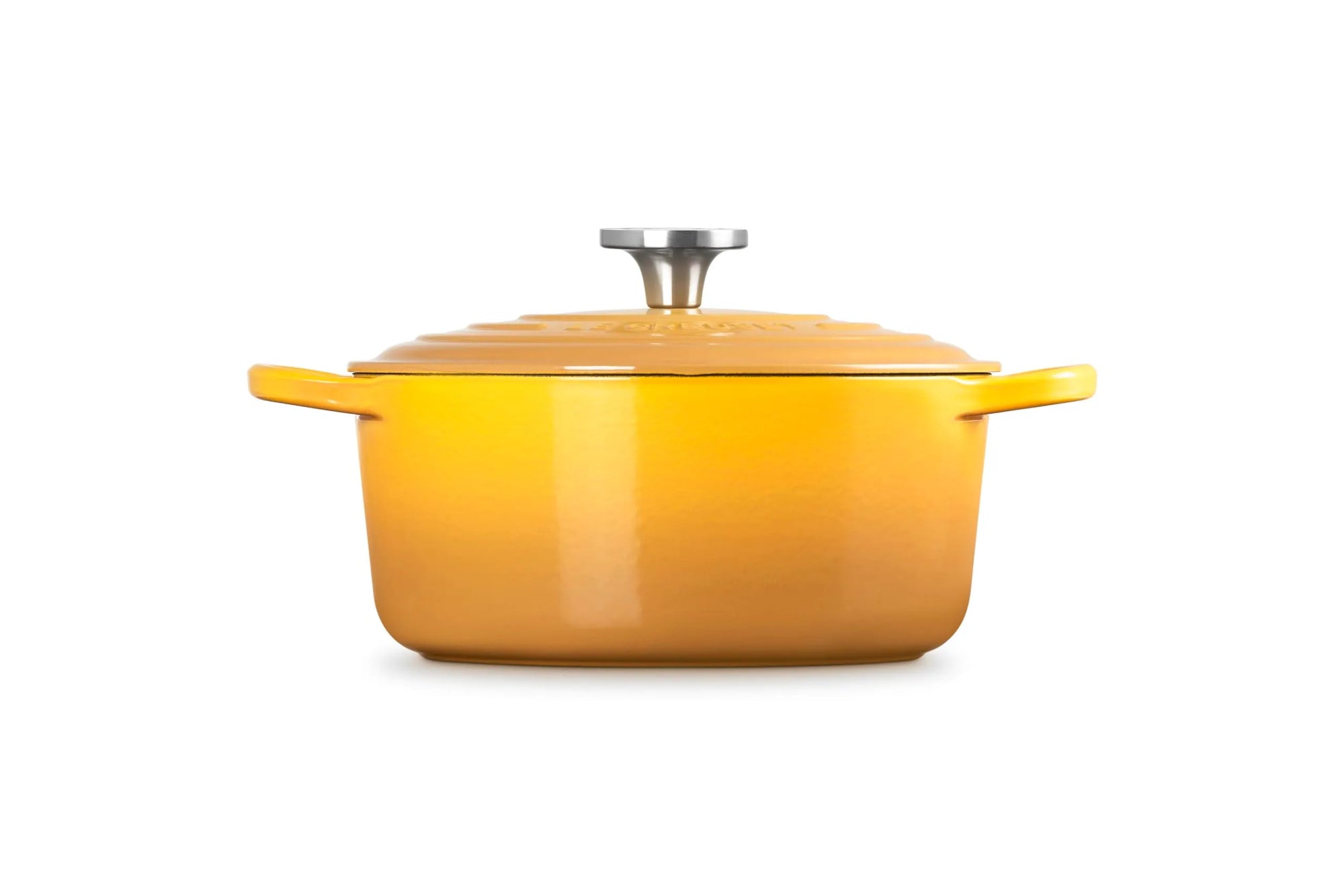 A yellow enameled cast iron Dutch oven with a matching lid and side handles, featuring a silver metal knob on top, set against a plain white background.