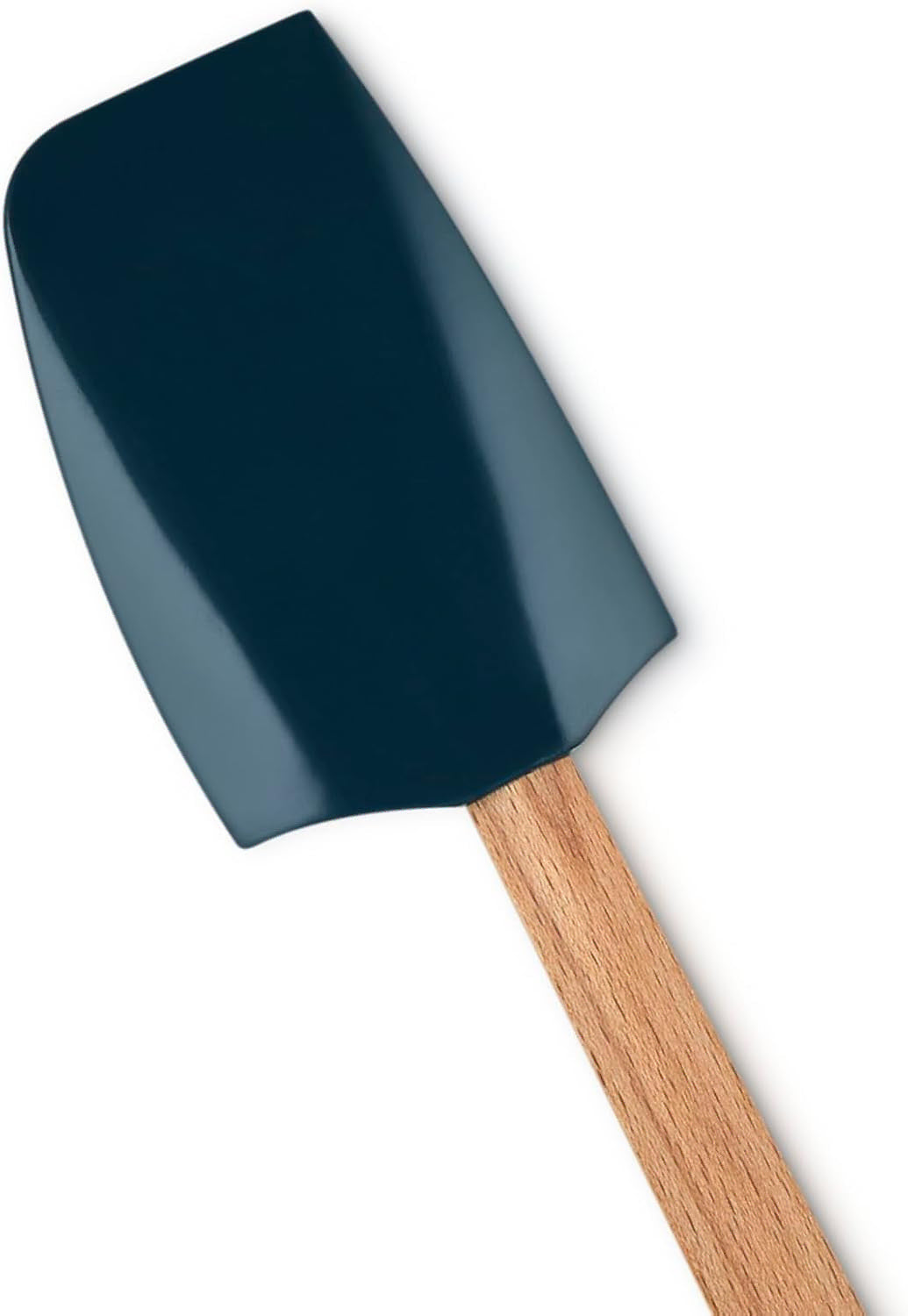 A silicone spatula with a dark teal-blue head and a light natural wood handle, shown diagonally on a plain white background.