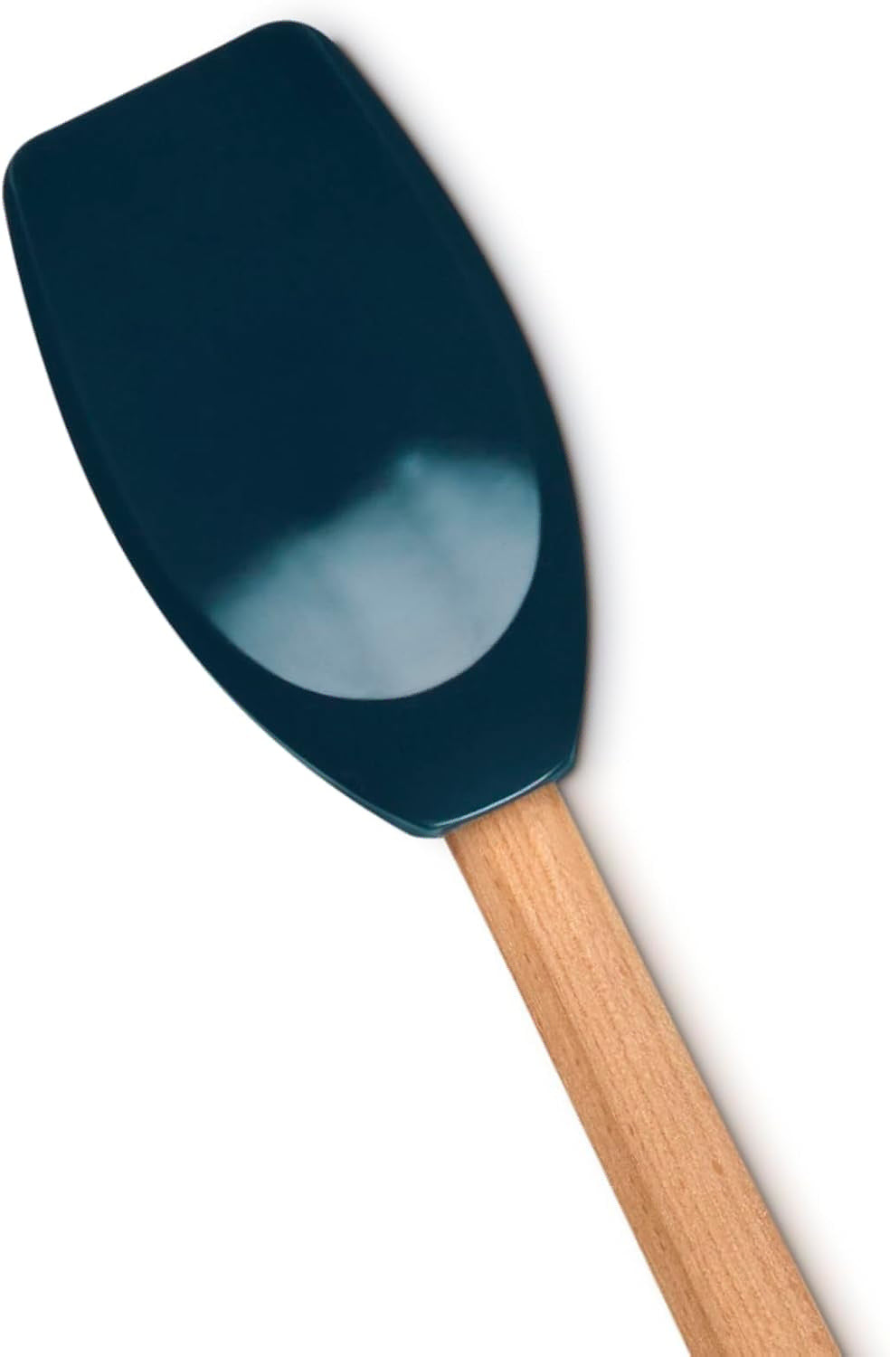 A silicone spatula with a dark teal-blue head and a light natural wood handle, shown diagonally on a plain white background.