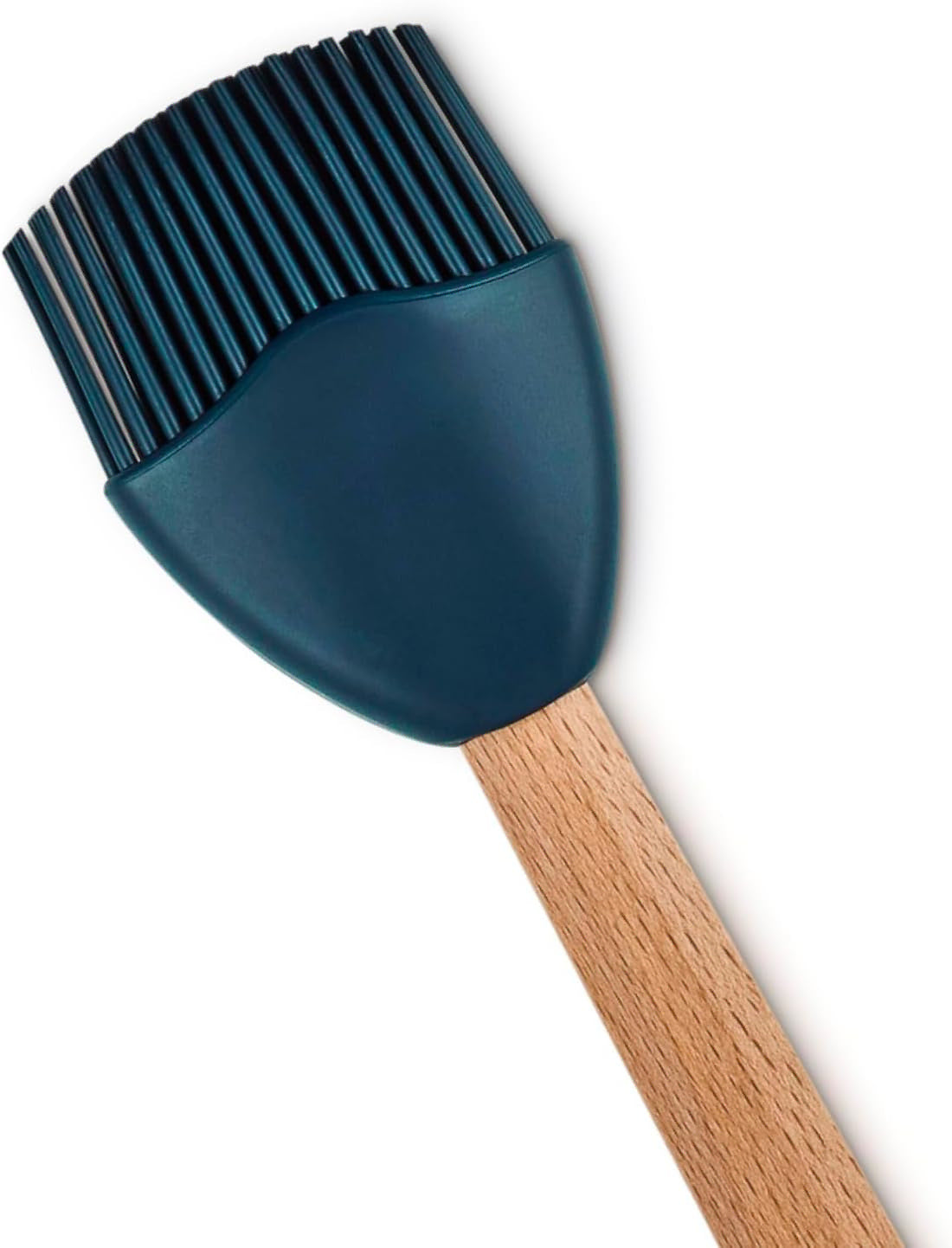 A silicone basting brush with a dark teal-blue head and a light brown wooden handle, shown on a plain white background.