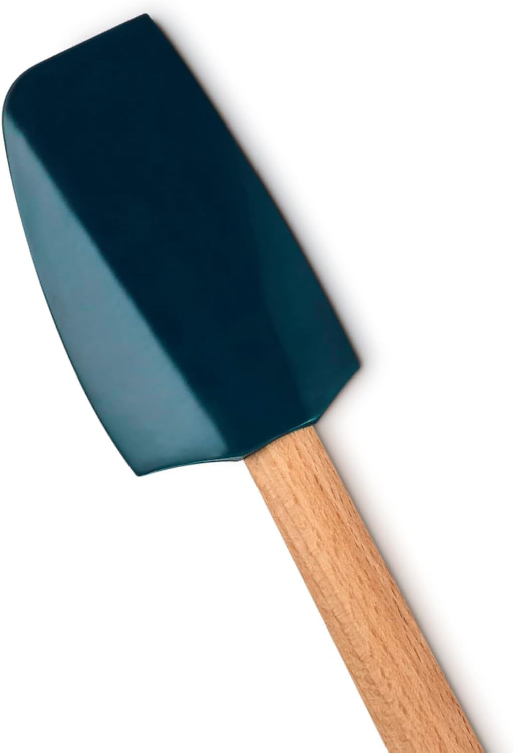 A silicone spatula with a dark teal-blue blade and a light natural wood handle, shown diagonally on a plain white background.