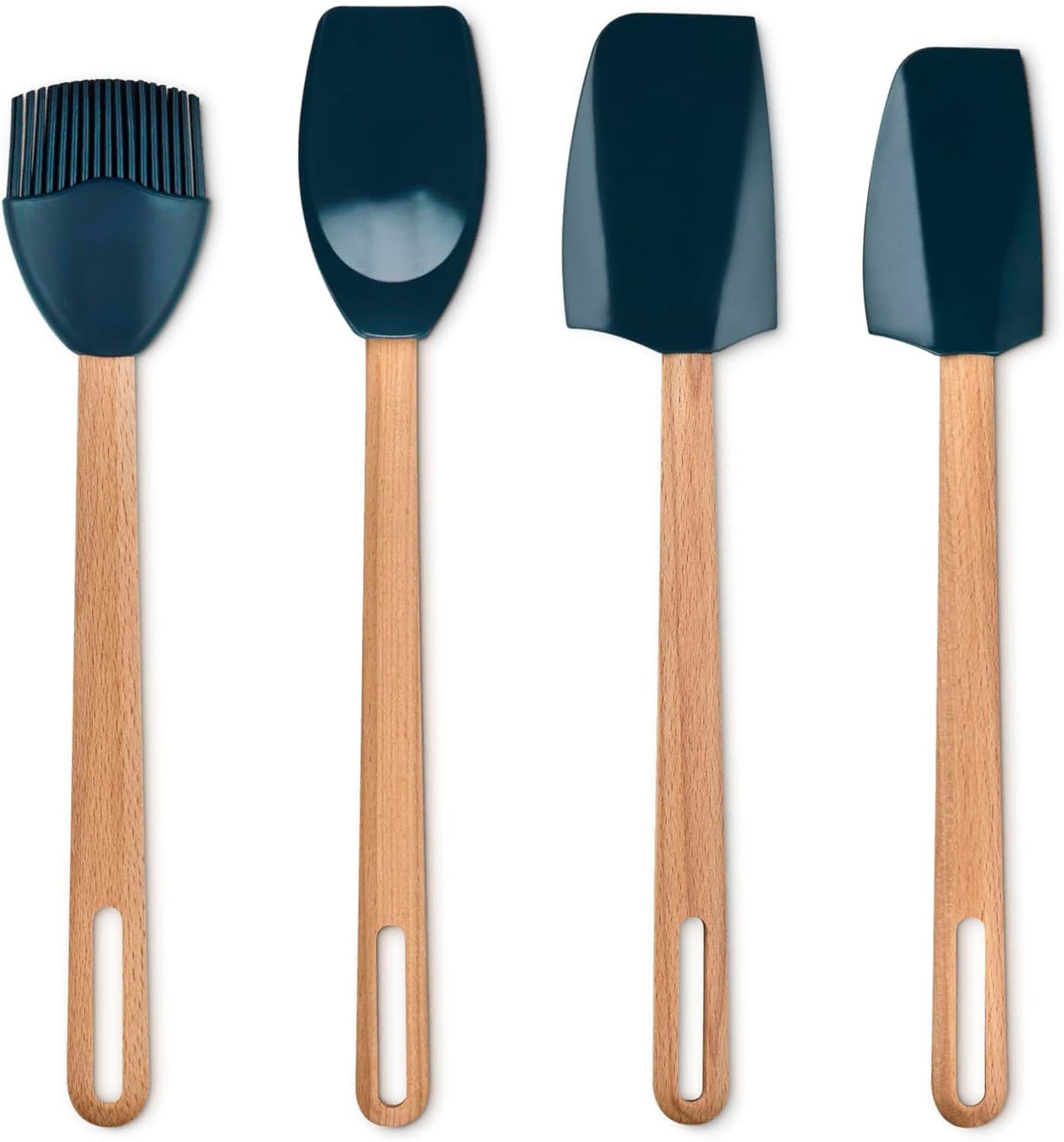 Four silicone kitchen utensils with light wood handles, including a basting brush, a spoon, a scraper, and a spatula, shown on a plain white background.