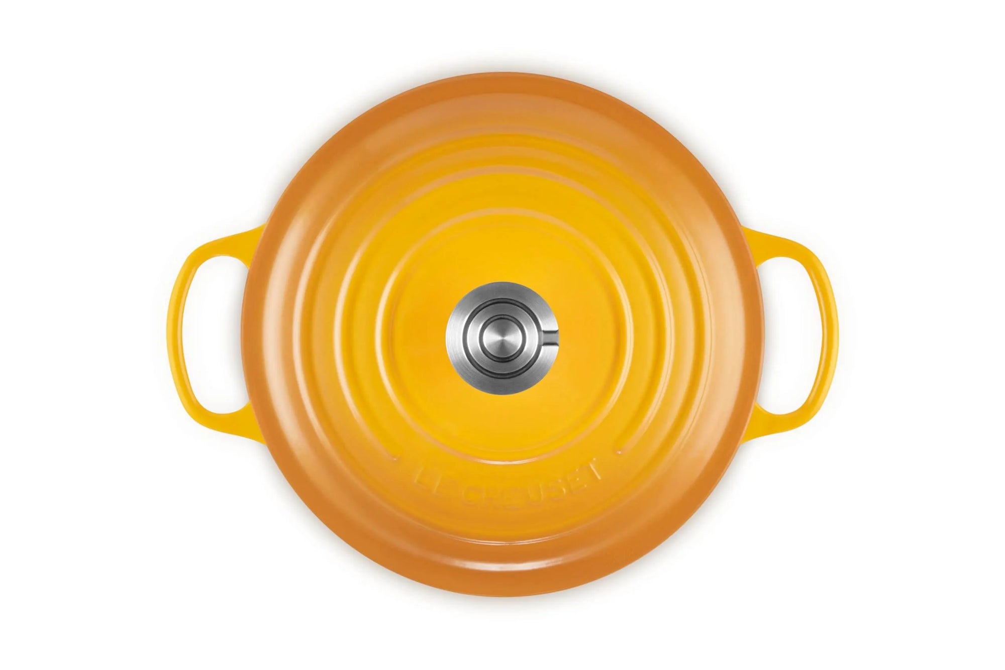 Top-down view of a round enameled cast iron Dutch oven with a matching lid, featuring bright yellow-orange handles and a silver metal knob, isolated on a white background.