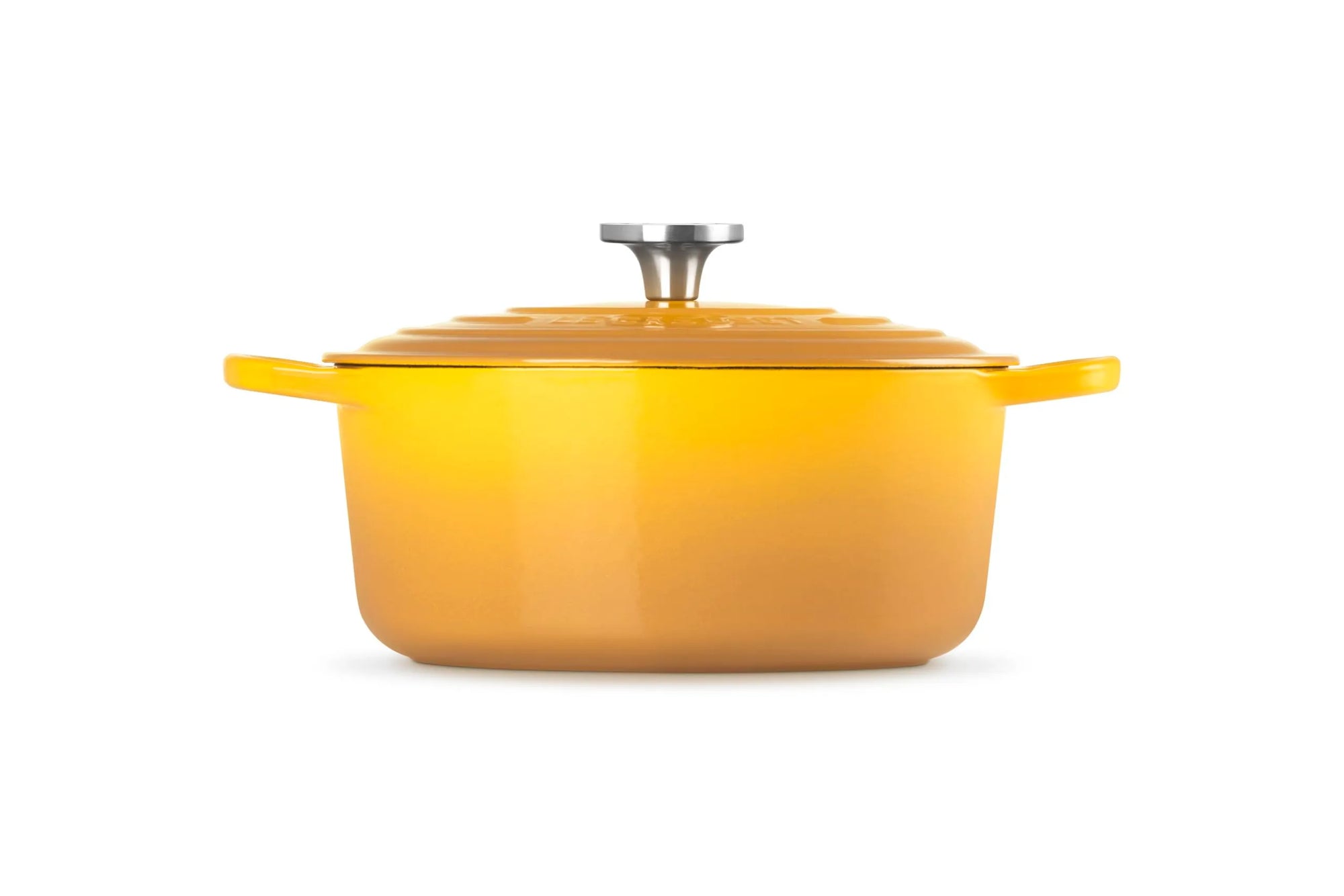 A bright yellow enameled cast iron Dutch oven with a matching lid and silver metal knob, shown on a clean white background.