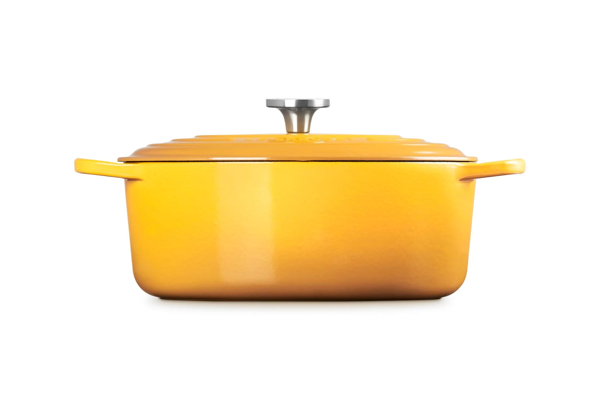 A bright yellow enameled cast iron Dutch oven with a matching lid and a silver metal knob, shown from a front-facing perspective on a solid white background.
