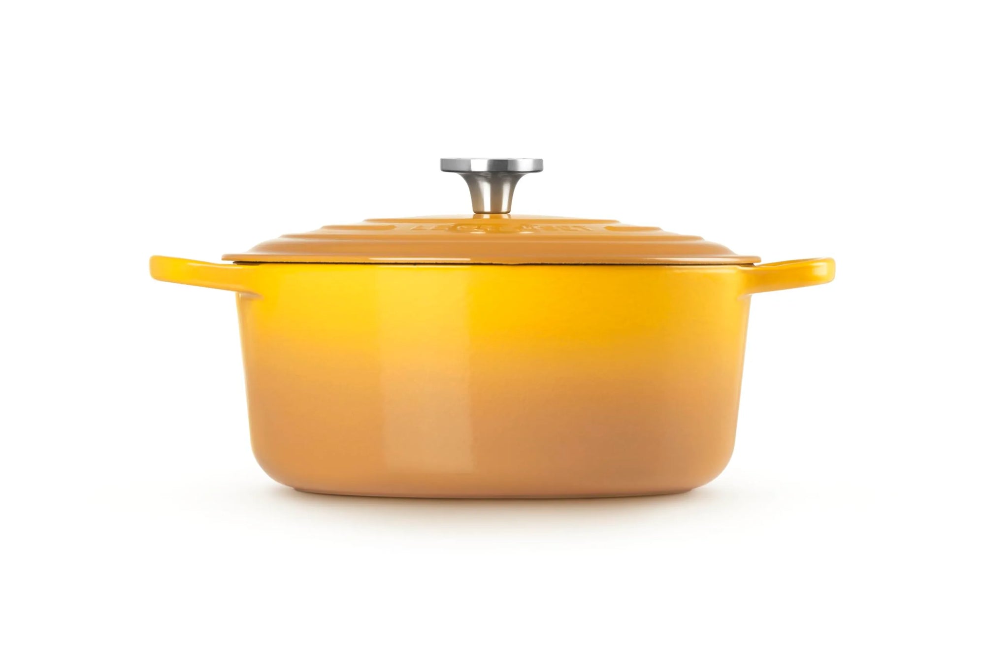 A yellow-orange enameled cast iron Dutch oven with a matching lid and side handles, shown on a clean white background.