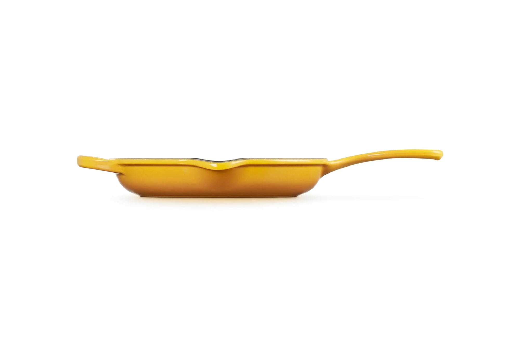 A yellow cast iron skillet with a long handle, shown from a side profile view against a solid white background.