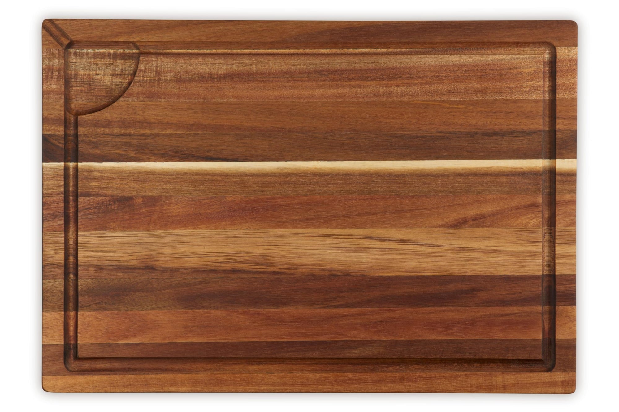 Top view of wooden cutting board with a visible grain pattern on a white background