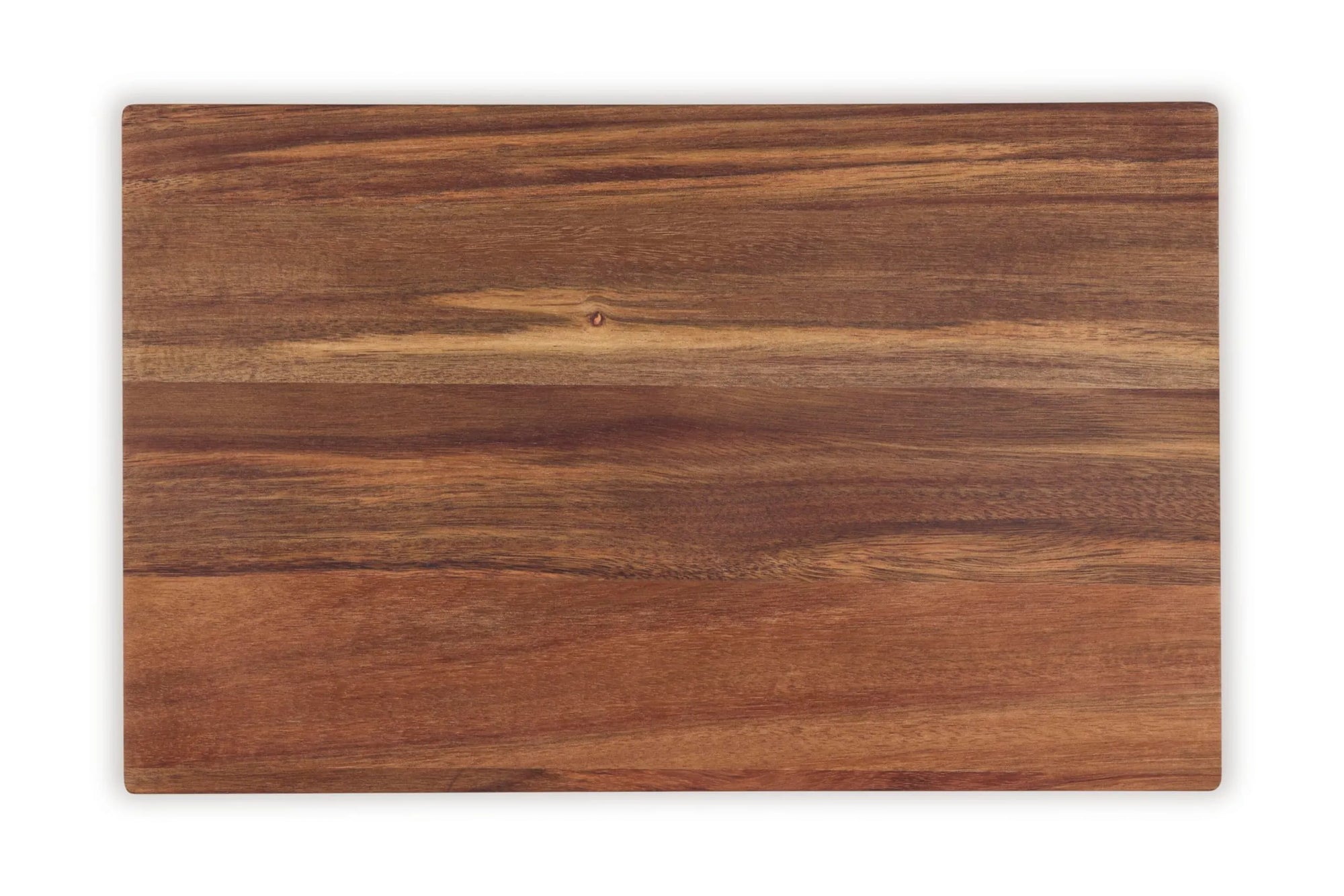 A rectangular wooden cutting board with rounded corners, featuring a warm medium-brown wood grain pattern, shown against a plain white background.