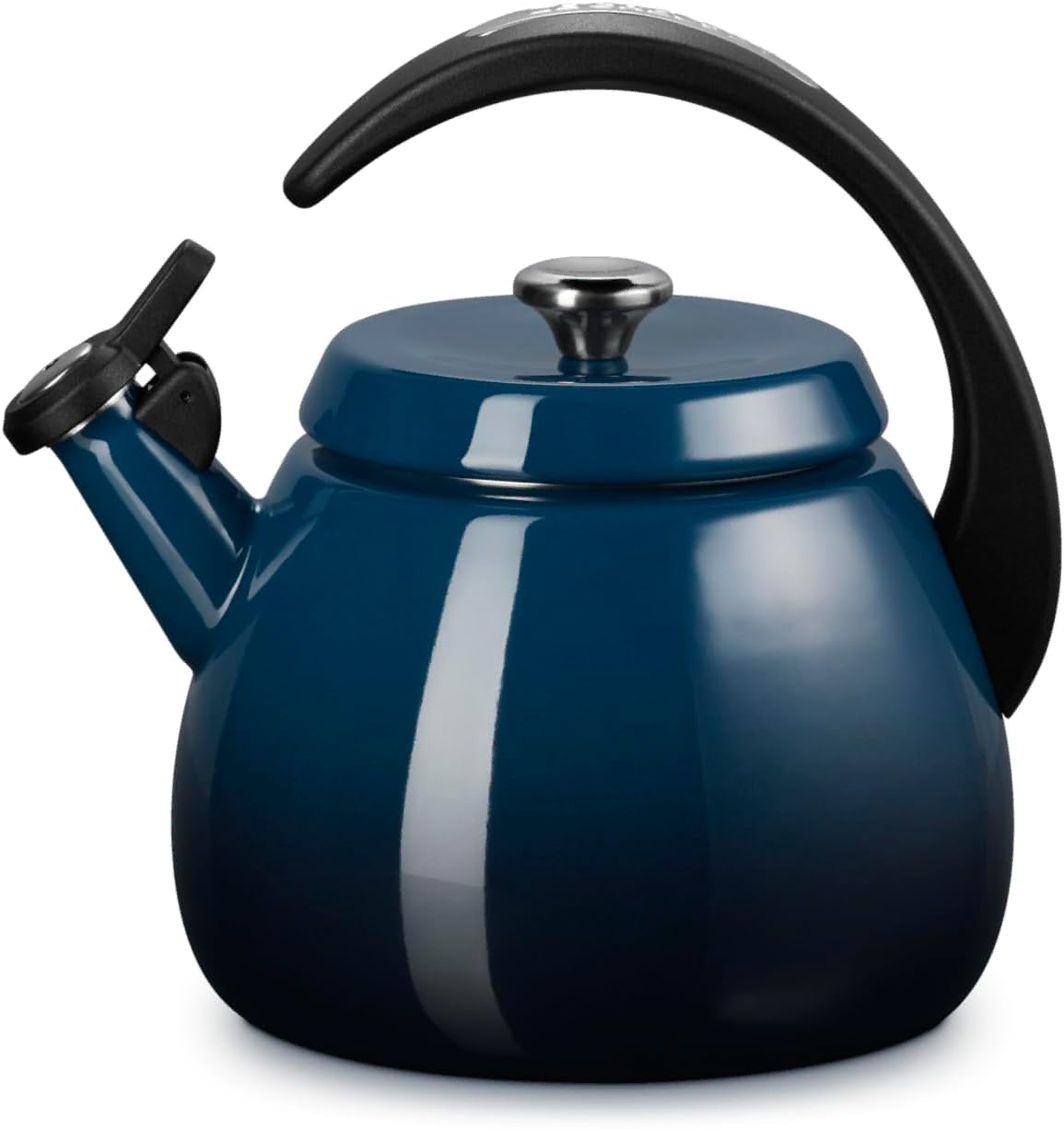 A glossy dark blue enamel kettle with a black curved handle and spout lid, shown on a clean white background.