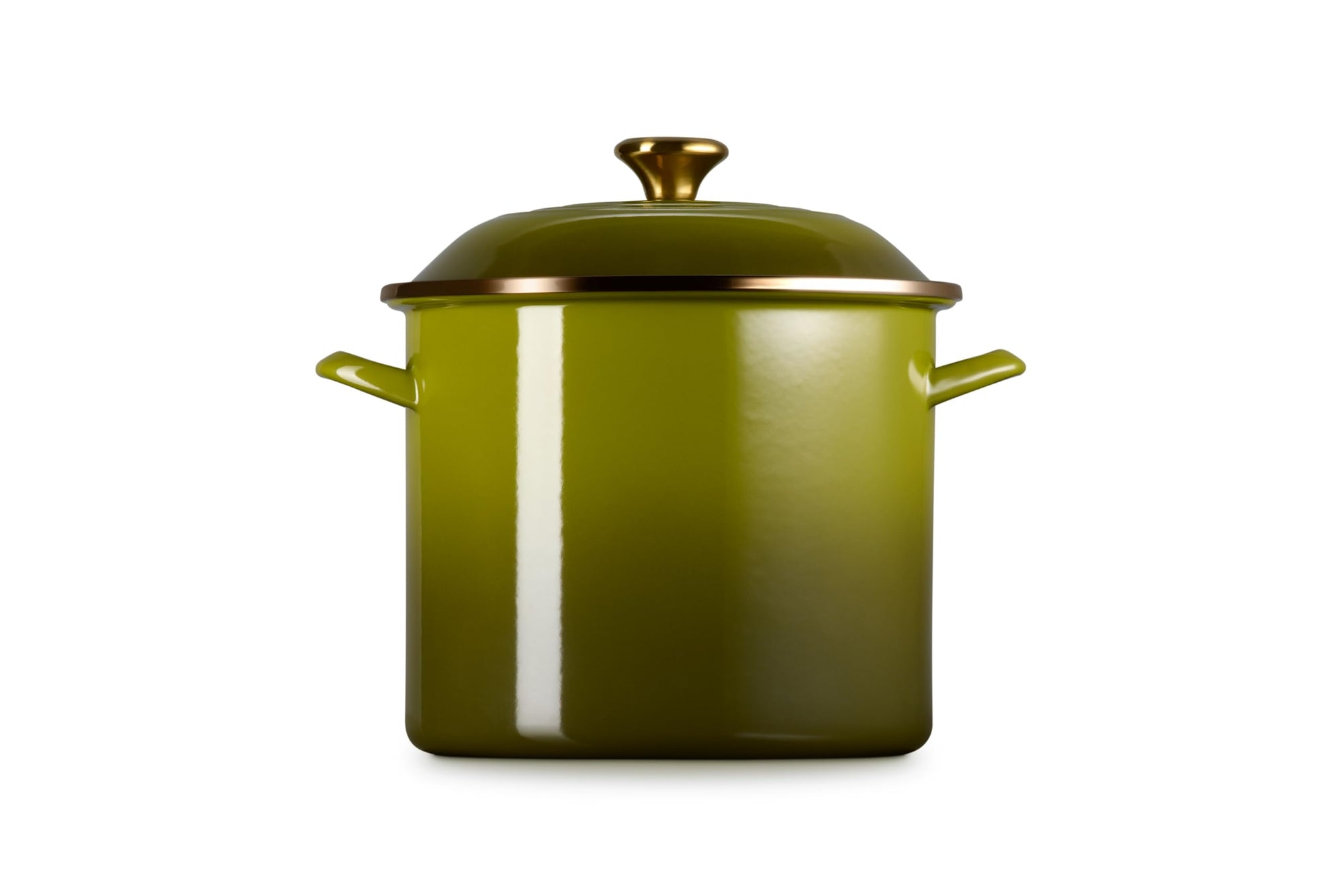 Front view of olive pot and olive lid on a white background